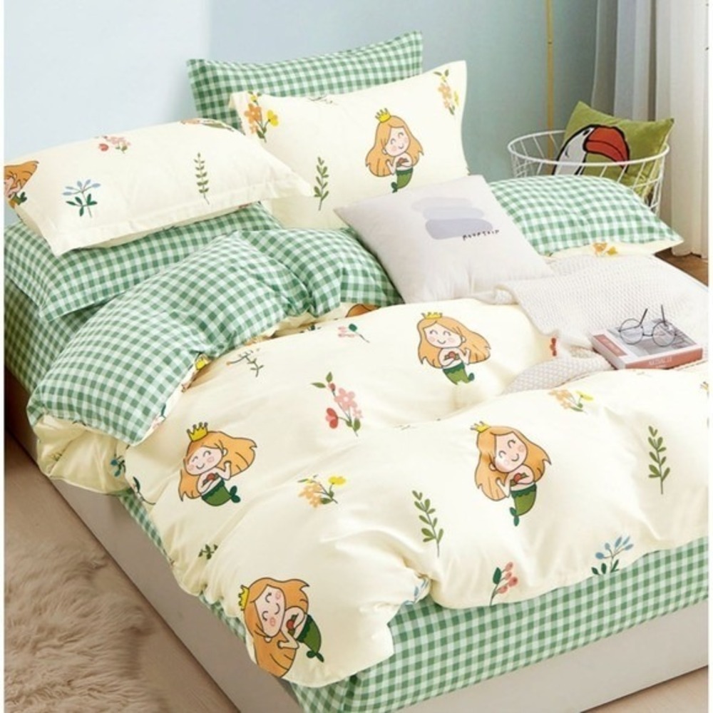 Kids Mermaid Comforter Set Cotton Green Gingham Reversible Cute All Season Queen